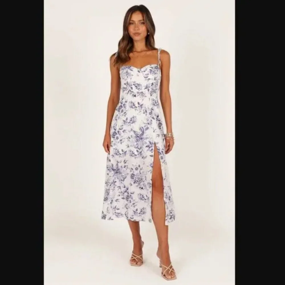 Petal & Pup Azelia White Blue Floral Tie Shoulder Midi Dress 8 - Picture 1 of 10